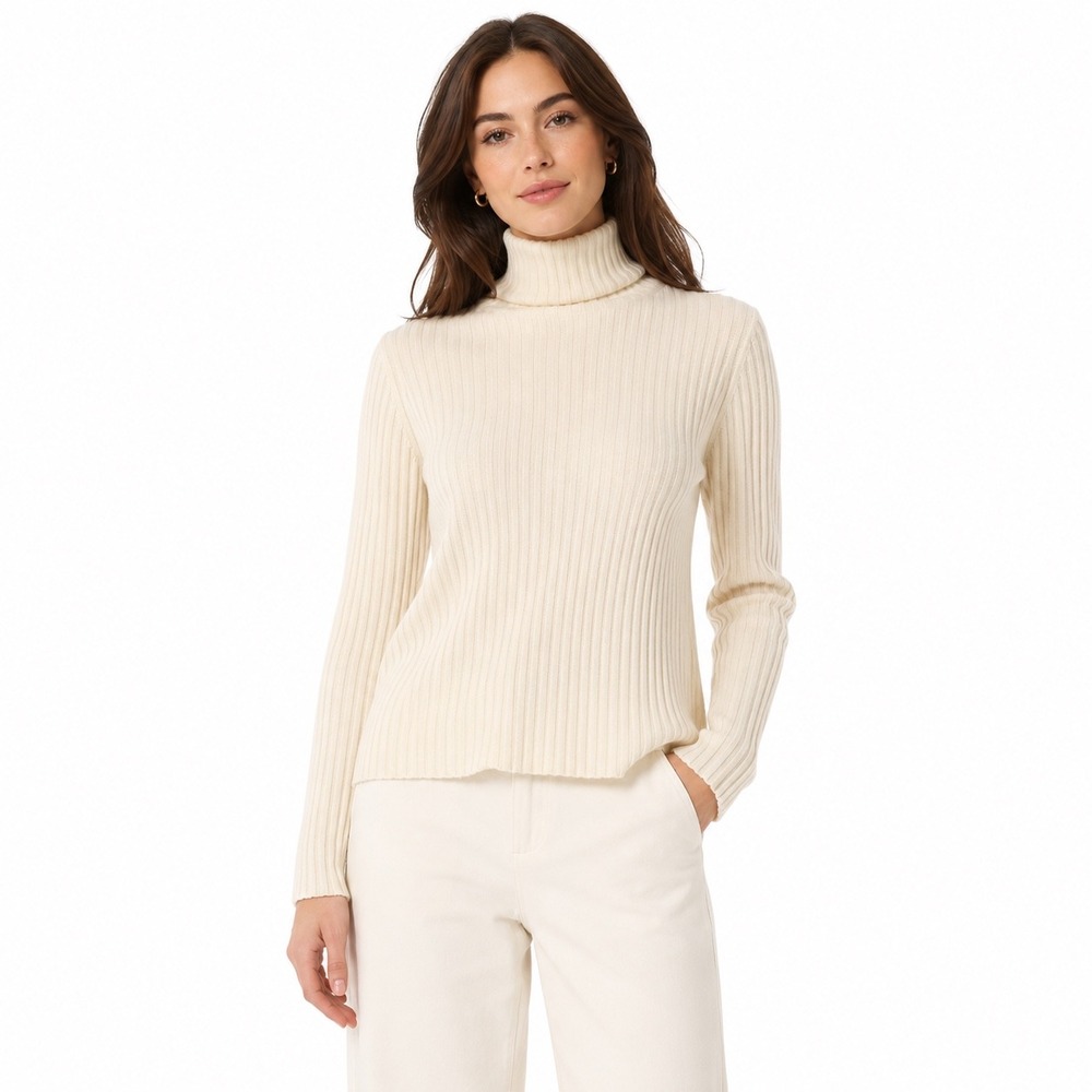 100% Neiman Marcus Cashmere Ribbed Turtleneck Sweater Cream Womens Medium